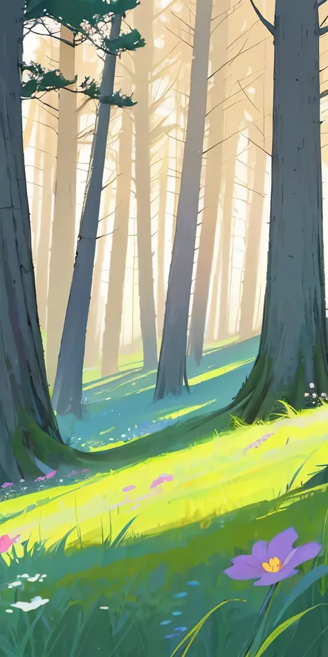 there  a painting of a forest with flowers in the foreground, background art, background artwork, forest in the background, fore...