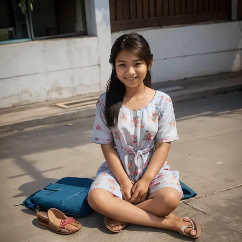 Burmese teenage girl, in tight knot hair, smiling, sitting on a screenshot of social media "Facebook"in a floral pattern painted actual Myanmar friendly dress and slippers. with the name " Phyo Ei Zin " where Facebook is written in the box in front of her ...