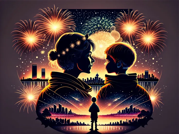 （2024 new year poster design），New Year&#39;s fireworks over Sydney Harbor Bridge and Sydney Opera House，A mother  flanked by a boy on each side， （happy new year），（2024：1.24），silhouette