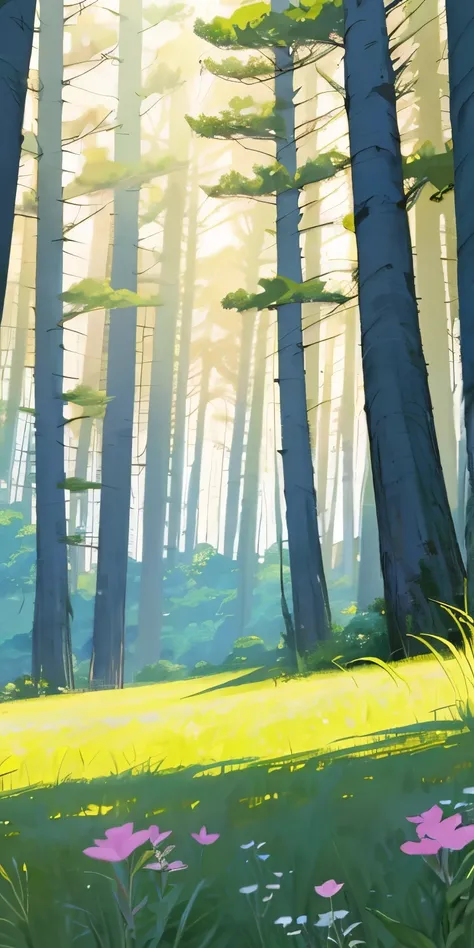 there a painting of a forest with flowers in the foreground, background art, background artwork, forest in the background, forestpunk background, anime lush john 8k woods, forest backdrop, soft forest background, park background, forrest background, fores...