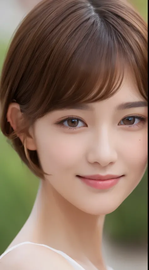 ((Best Quality, 8K, Masterpiece: 1.3)), 1 Girl, Slim Abs Beauty: 1.3, (Hairstyle Brown Hair Shortcut, Big: 1.2), Dress: 1.1, Super Slender Face, Delicate Eyes, Double Eyelids, Smile, Home, Raw Photo