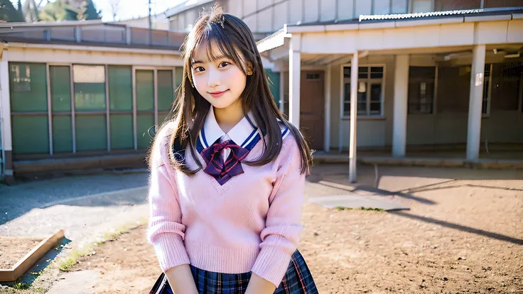 High school girl 18 years old wearing a pink miniskirt uniform、winter classroom