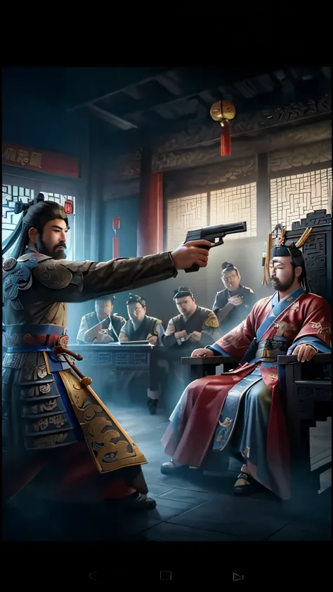 Close-up of a man holding a gun near a person, Emperor Xuande, inspired Emperor Xuande, by Ni Yuanlu, Detailed game art illustrations, by Qu Leilei, Three Kingdoms of China, from the three kingdoms, Confucius and jury trials, Inspired by Zhibai, inspired b...