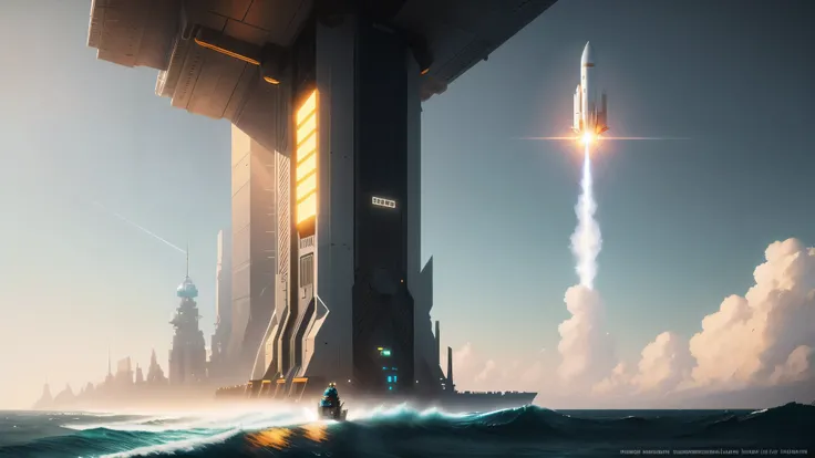 Rocket lunch over the in an empty  ocean concept art, low angle, high detail, warm lighting, volumetric, godrays, vivid, beautiful, trending on artstation, by Jordan grimmer, art greg rutkowskifull,Sunflower , incident sunlight, blue sky, illustration, bea...