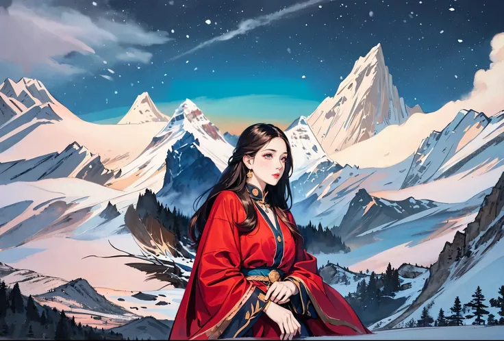 ((master piece)),best quality, illustration, dark, 1girl, In the wilderness,High mountain,Snow-capped mountains in the distance, castle, beautiful detailed eyes,  beautiful detailed hair,