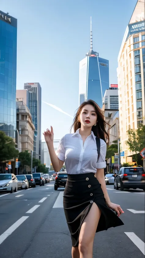 (masterpiece、High level image quality、high quality).big breast augmentation、Beautiful woman、action、dangerous beautiful beauty、Beautiful appearance、strict、hard boiled、beautiful feet、quirky skirt、Fashionable,female criminal)、Big city building district