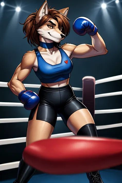 Top quality, Arrogant wolf, arrogant grin, looks at the camera, Brown hair, in a dark blue sleeveless high-neck top with a heart-shaped cutout on the chest, in dark blue high-waisted sports shorts, in black thigh-high boots, in dark blue boxing gloves, sta...