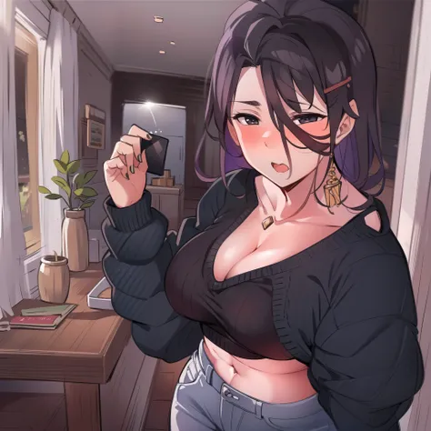 (master pieces),8k,best quality,(1 girl:1.3),(solo:1.3),full body,36 years old,milf,(mature female),black hair,sngle braid,black eyes,large breasts,(sweater:1.3)+(jeans:1.2),