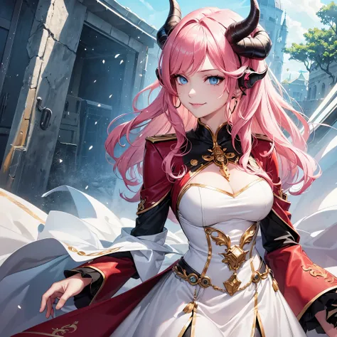 (best quality,official art,beautiful, aesthetic:1.2),1girl,extremely detailed,highest detailed,pale skin woman,light blue eyes,humanoid ears, demon horns, pink hair, wavy hair, captain, smirk