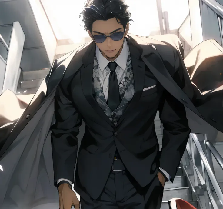 Anime man in suit and tie walking down the stairs, Murata and artgerm series, Handsome guy in the art of slaying demons, anime handsome guy, Kentaro Miura manga style, Handsome anime poses, Inspired by Okumura Masanobu, Illustrations by Soejima Shigenori, ...