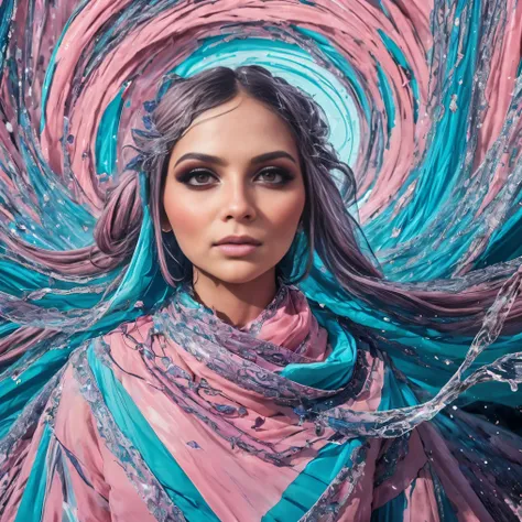 Riena, ((looking at viewer)), abstract style hauntingly ethereal portrait of a mysterious figure draped in translucent fabric, crystals adorning their hair, amidst a dreamlike swirl of pastel hues and soft light, evoking a sense of calm serenity and elusiv...