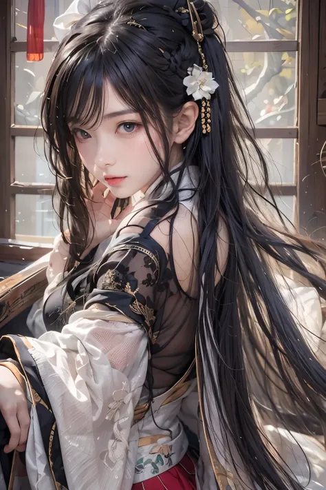 lifelike, high resolution, 1 female, alone, hips raised, look at the audience, (detailed face), long black hair, hanfu，academy，s...