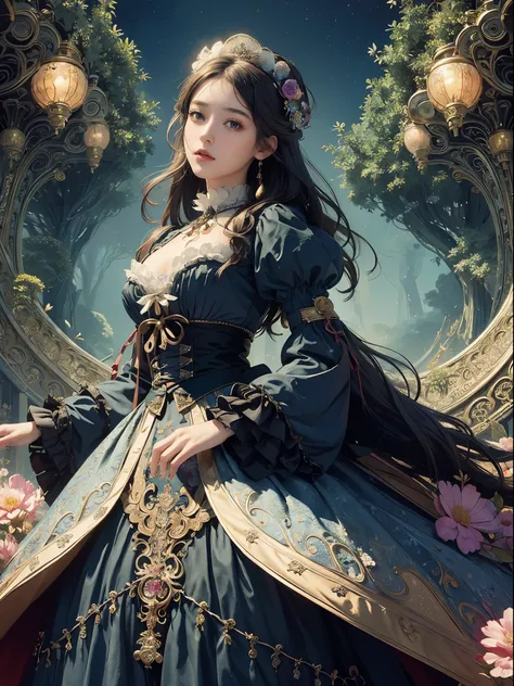 (masterpiece、quality、quality、Detailed and complex、official art、beautiful:1.3)、(1 girl in:1.3)、(fractal art:1.3)、Extremely colorful、vivid、victorian era clothing