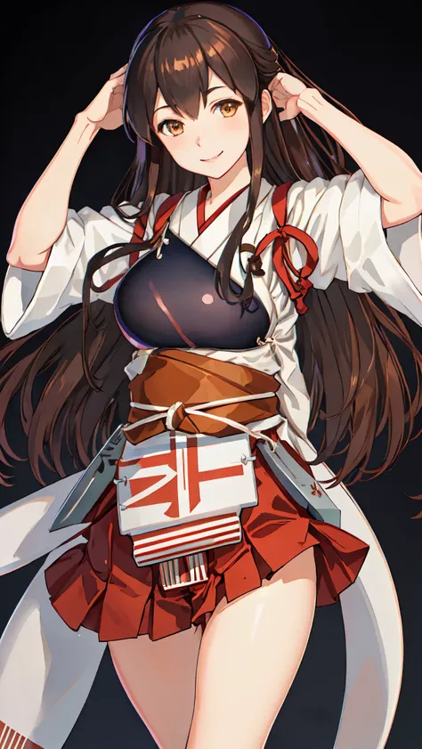 Best Quality, masutepiece, hight resolution, Solo, {akagi_Kantai Collection:1.15}, long_hair, brown_hair, brown_Eyes, muneate, tasuki, Smile, 1girl in , Japanese_Clothes, outstretched_Highly detailed arms、extremely detailed eye、extra detailed face、Insanely...