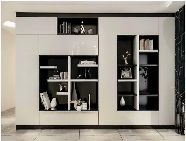 there  a book shelf with books and a vase on it, Popular interior design styles, modern style, cupboard家具, furniture concept photo!!, cupboard, Elegant futuristic wardrobe, shelves, modern look, orderly, modern and , black and white scheme, bookcase, high ...