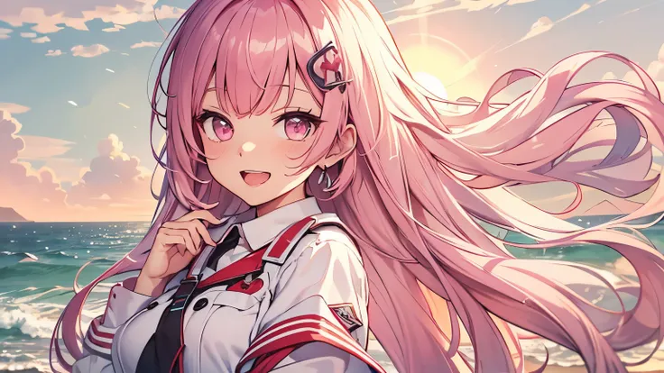 beach，seaside，Sunset，8K resolution，Uniforms，Long pink hair，pink eyes，of laughter