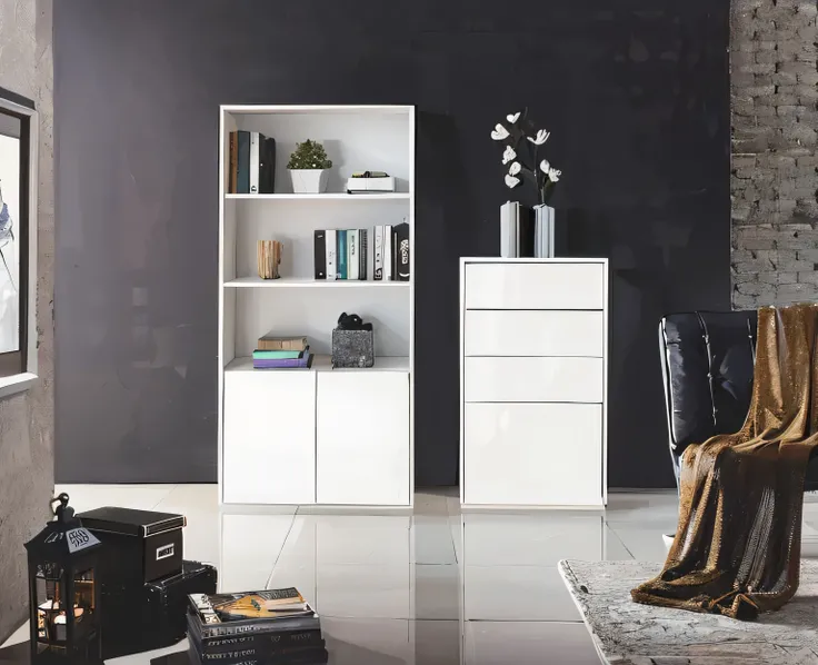 A white cabinet in a room with black walls, white furniture, cupboardfurniture, detailed image,  furniture, white finish, Modern minimalist f 2 0 clean, cupboard, book shelves, furniture and decoration, Modern minimalist f 2 0, 短bookshelf, glossy white, bo...