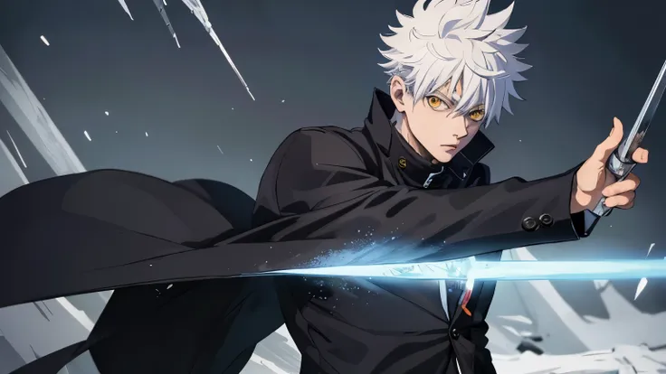 obra de arte,Alta qualidade, 
Gakuran,capuz,
tronco, Masterpiece, 4k, 1boy, anime style, jujutsu kaisen style, mature, cyan hair, yellow eyes, ice powers, holding a ice blade