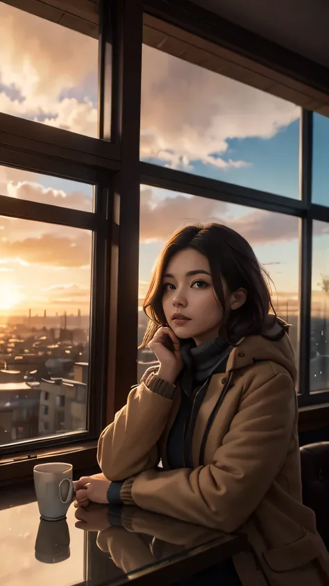 atmospheric perspective, 8k, super detail, accurate, best quality, a woman wearing winter clothes, drooping eyes, bag, huge window has sunset view, street, aerial angle, in the coffee shop, fireplace, stare into the distance, 