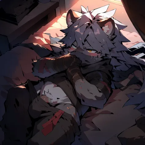 Bed Background,gray male white tiger,Tough expression,long hair,Gray scarf that covers the mouth,Scars all over the body and face,Ninja,long hair,big bust,sweating,Closing your eyes,shame,penis,Lying down,Pants off