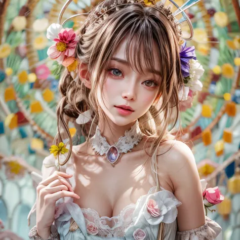 Sexy girl in WHITE and Delicate lace off shoulder clothes, Glossy RED lips and tongue, (Exposed:0.9), (nipple:-0.9), { very Cute tongue closeup | Dynamic-angle }, ((Dazzling stained glass Background)), (( colorful Light shines through stunning elaborate st...