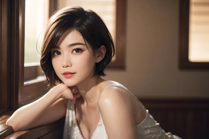 143
(20 year old woman), (surreal), (High level image quality), ((beautiful hairstyle 46)), ((short hair:1.46)), (gentle smile), (breasted:1.1), (lipstick)