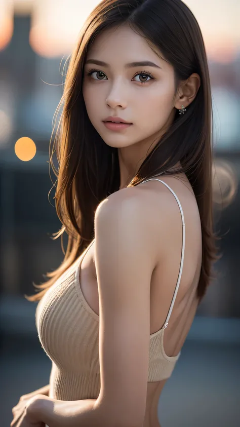 (high resolution, 4k, 8k, ultra-detailed:1.2), (hyper-realistic, photorealistic:1.37), (illustrated), (detailed lighting), (extremely delicate and beautiful), 1 young girl, brown hair, brown eyes, model, bare shoulders and chest, (best quality), ultra-deta...