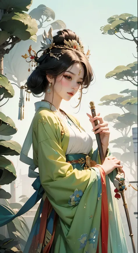 close-up of a woman wearing a floral headdress and holding a magic wand，（（a beautiful fantasy queen）），a beautiful fantasy queen，...