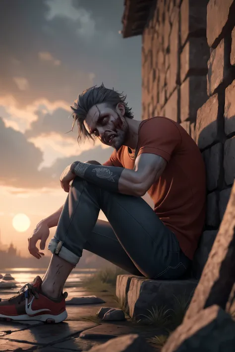 hyper ultra realistic photographs full body of A solitary zombie sits on a crumbling stone bench, gazing wistfully at a sunset sky painted in vibrant hues. Their tattered clothes flutter in the breeze, a stark contrast to the serene beauty surrounding them...