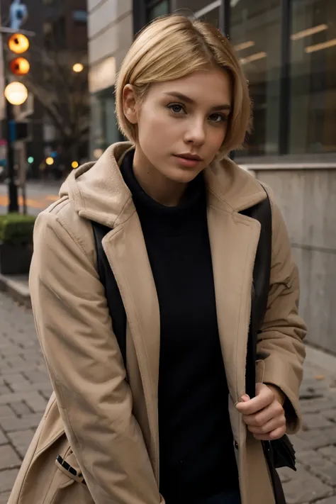 self confident young woman with short blond hair and coat getting bored
