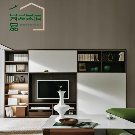 there  a living room with a green couch and a white table, cabinet furniture, luxury furniture, living room,  furniture, designer furniture, television, high quality], modern japanese living room, television series, dark brown white green, furniture设计, int...