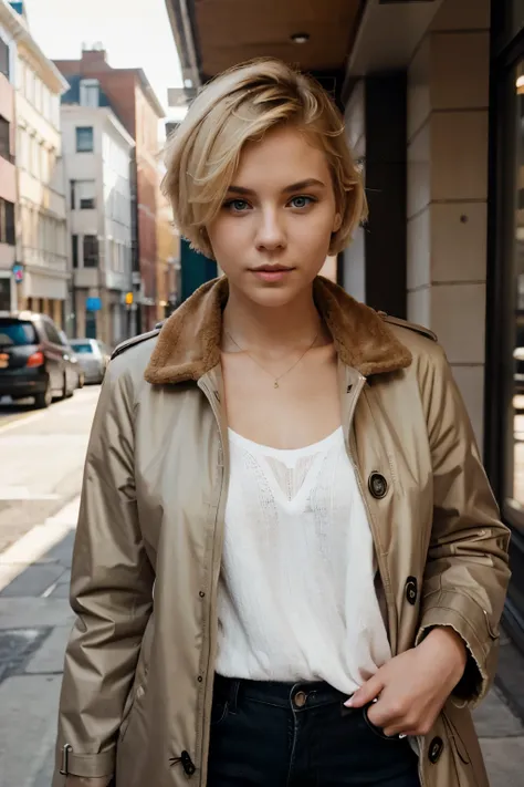 self confident young woman with short blond hair and coat getting bored with iphone in hand