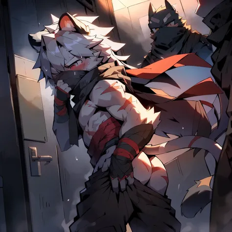 washroom background,gray male white tiger,Tough expression,long hair,Gray scarf that covers the mouth,Scars all over the body and face,Ninja,long hair,big bust,sweating,Closing your eyes,shame,penis,Pants off,Show your butt,pain,I was raped