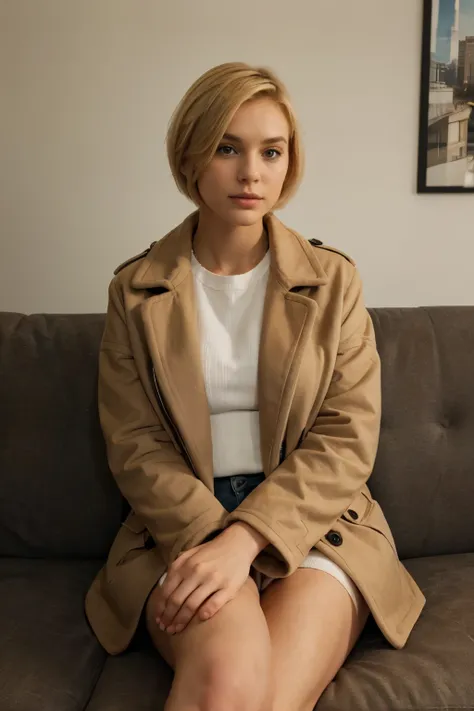 self confident young woman with short blond hair and coat on couch