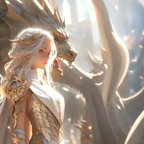 Close-up of a woman in a white dress and a dragon, ross tran and wop, detailed fantasy art, 2. 5D CGI Anime Fantasy Artwork, 4k fantasy art, fantasy art style, fantasy art behavior, Elegant cinematic fantasy art, Wop and Rose Tran, deviantart and cgsociety...
