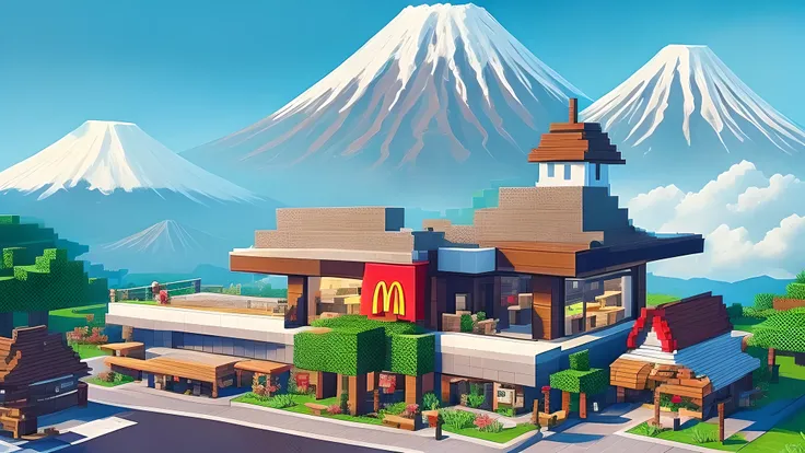 Minecraft style、Exterior of McDonalds、Mountain. 背景に富士Mountain