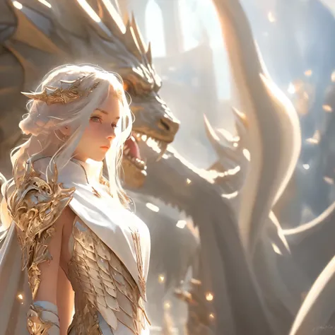 Close-up of a woman in a white dress and a dragon, ross tran and wop, detailed fantasy art, 2. 5D CGI Anime Fantasy Artwork, 4k fantasy art, fantasy art style, fantasy art behavior, Elegant cinematic fantasy art, Wop and Rose Tran, deviantart and cgsociety...