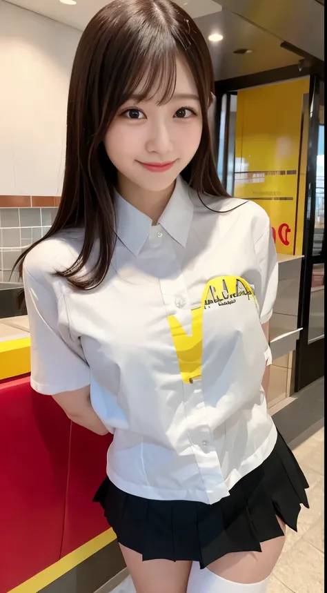 masterpiece, best quality, ultra high res,  smile, A smiling woman in a McDonalds miniskirt uniform at McDonalds, 