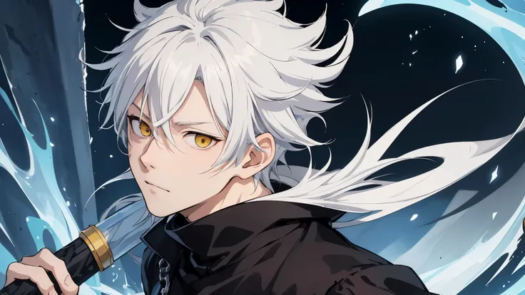 Masterpiece, 4k, SOLO, 1boy, anime style, jujutsu kaisen style, mature, unique hairstyle, long fluffy white hair, yellow eyes, ice powers, holding a ice katana, pfp photo, focus on face, tired look, eye bags