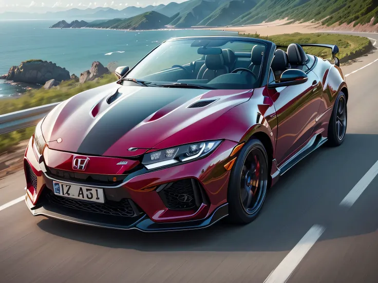 ultra high resolution、super high quality、8k、Wonderful expression with attention to detail、early summer coastline、A red sports car stopped on a mountain pass、Honda CR-X 1600RS Convertible