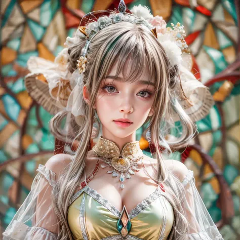 Tiny junior idol in WHITE and Delicate lace clothes, Glossy RED lips and tongue, (Exposed:0.9), (nipple:-0.9), { Cute lips closeup | Dynamic-angle }, ((Dazzling stained glass Background)), (( colorful Light shines through stunning elaborate stained glass:1...