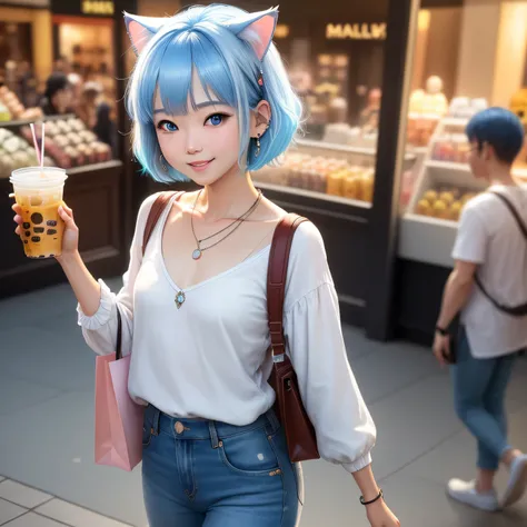 (8k, HDR, RAW photo, best quality, masterpiece:1.2, realistic lighting), Overhead view, Dynamic angle, korean girl, solo, grinning smile, blush, wear plain white shirt, necklaces, earrings, jeans, (bob cuts hair), ((sky blue hair)), (messy hair), path trac...