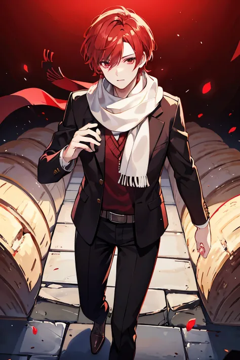 male　red short hair　red eyes　Scarf　Sweaters　slacks　baker　Buy bread　baguette　handsome man　Knee-high boots　masterpiece　Highest image quality　noise removal　clear parts 　cinematic shadow　Increased attractiveness of the eyes　clear parts the shine of the eyes　Dr...