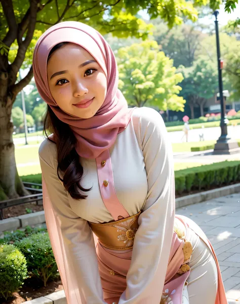 malay girl, best quality, soft light, (depth of field), ((wearing hijab)), ultra hi-res, ((wearing malay traditional dress)), solo, great smile, (brown eyes), detailed beautiful eyes, sexy lips, (long fluffy brown hair), slim body, 165cm height, medium bre...