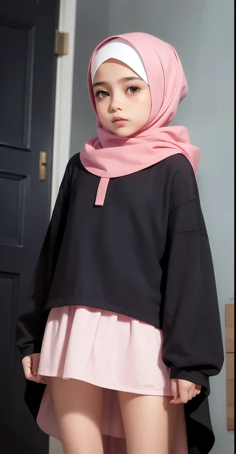 (HIJAB little girl), Skinny pink satin hijab girl naked (DARK SHINY SKIN), SADNESS , teddy bear 