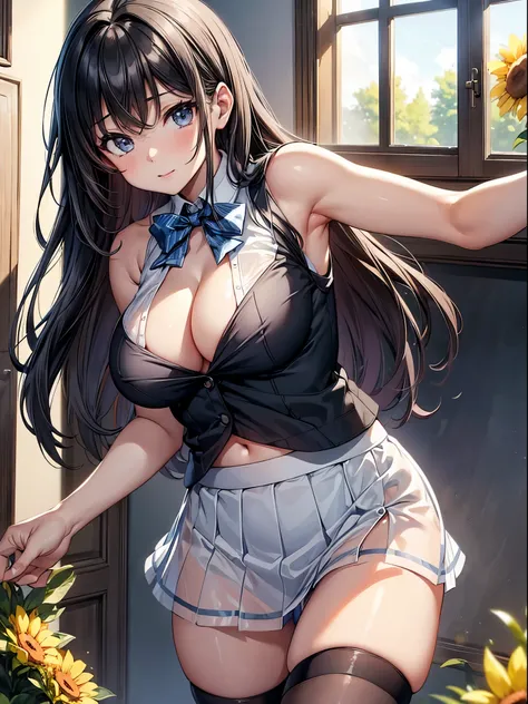 (((toppless))), (((sheer school uniform, Sleeveless ))), (((Show off  cleavage))), (((Large breasts))), (((Open front))), (((Sheer Micro Mini Skirt))), Detailed beautiful eyes, (((Sunny))), extremely detailed CG unified 8k wallpaper, very fine 8KCG wallpap...