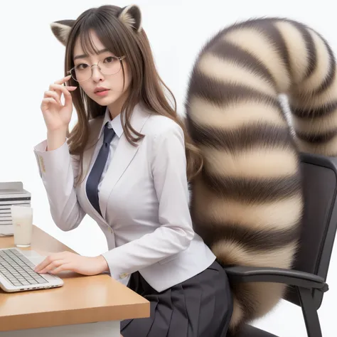 A woman holding glasses stares in amazement at a raccoon dog&#39;s tail that suddenly grows., A woman wearing a pleated miniskirt with a raccoon anal tail, anthropomorphic raccoon, beast, Reality, photograph, highest quality, Her pleated miniskirt is flipp...