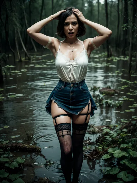 (Best Quality,hight resolution:1.2),Mature Terrorized Woman,,wrinkles,Bob haircut,(jeans skirt:1.05),lace blouse,(lace stockings with garters), standingn, ( drowning in a swamp:1.2),expression of despair,Dark and moody lighting, terror. The pose expresses ...