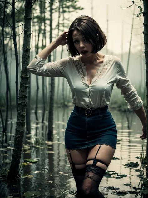 (Best Quality,hight resolution:1.2),Mature Terrorized Woman,,wrinkles,Bob haircut,(jeans skirt:1.05),lace blouse,(lace stockings with garters), standingn, ( drowning in a swamp:1.2),expression of despair,Dark and moody lighting, terror. The pose expresses ...