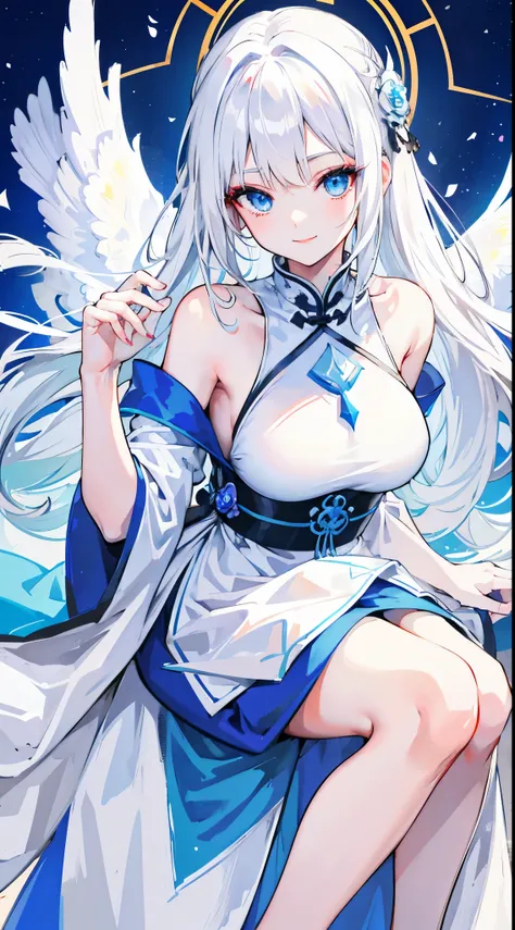 tall girl, long white hair, blue eyes, white chinese dress, blue insert, open the shoulders, red lipstick, smile, masterpiece, h...